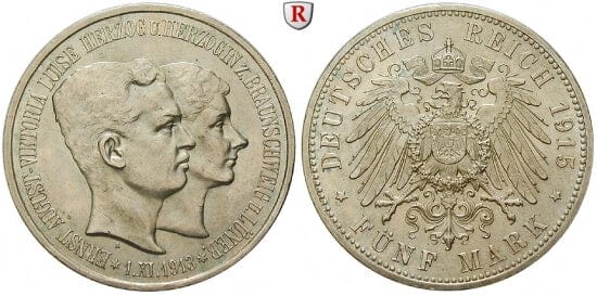 ブランズウィック リューネブルク エルンスト・アウグスト 1915年 5マルク 銀貨 未使用