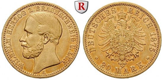 ブランズウィック ヴィルヘルム&#183;ヘルツォーク 1830-1884年 1875年 20マルク 金貨 極美品-美品