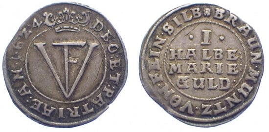 kosuke_dev ブラウンシュヴァイク フリードリヒ・ウルリヒ 1613-1634年 1624年 1/2 グルデン 銀貨 美品