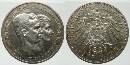 kosuke_dev ブラウンシュヴァイク エルンスト・アウグスト 1913-1918年 1915年 5マルク 銀貨 未使用-極美品