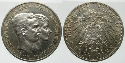 ブラウンシュヴァイク エルンスト・アウグスト 1913-1918年 1915年 5マルク 銀貨 未使用-極美品