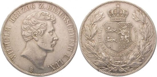 ブラウンシュヴァイク ヴィルヘルム 1831-1884年 1856年B ダブルターレル 銀貨 極美品