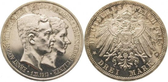 ブラウンシュヴァイク エルンスト アウグスト 1913-1916年 1915年 3マルク 銀貨 未使用-極美品
