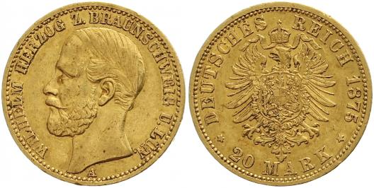 ブラウンシュヴァイク ヴィルヘルム&#183;ヘルツォーク 1830-1884年 1875年 20マルク 金貨 美品+