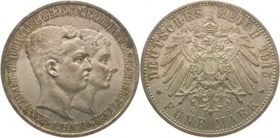 ブラウンシュヴァイク エルンスト アウグスト 1913-1916年 1915年 5マルク 銀貨 未使用