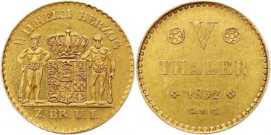 kosuke_dev ブラウンシュヴァイク ヴィルヘルム 1831-1884年 1832年B 5ターレル 金貨 極美品