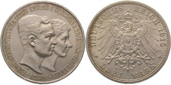 kosuke_dev ブラウンシュヴァイク エルンスト アウグスト 1913-1916年 1915年A 3マルク 銀貨 未使用