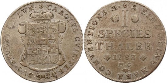 kosuke_dev ブラウンシュヴァイク カール・ヴィルヘルム・フェルディナント 1783年 調整 ターレル 銀貨 美品
