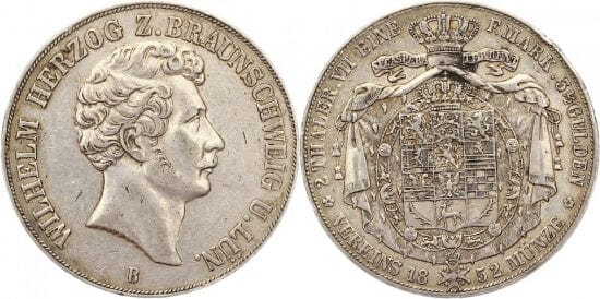 kosuke_dev ブラウンシュヴァイク ヴィルヘルム・ヘルツォーク 1831-1884年 1852年B ダブルターレル 銀貨 美品
