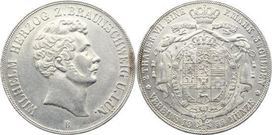 kosuke_dev ブラウンシュヴァイク ヴィルヘルム・ヘルツォーク 1831-1884年 1855年B ダブルターレル 銀貨 極美品