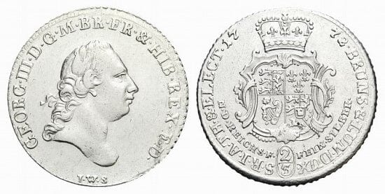 kosuke_dev ブラウンシュヴァイク ハノーバー ジョージ3世 1760-1820年 1772年 2/3 ターレル 銀貨 未使用-極美品