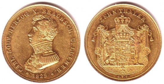 kosuke_dev ブラウンシュヴァイク カール ヘルツォーク 1815-1830年 1829年 10 ターレル 金貨 美品