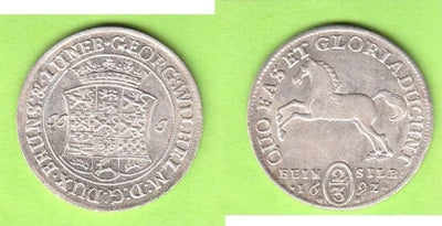 ブラウンシュヴァイク リューネブルク ツェレ 1692年 2/3 ターレル 銀貨 未使用-極美品