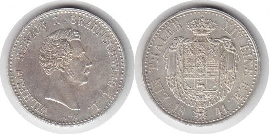 ブラウンシュヴァイク アウグスト・ヴィルヘルム 1841年 ターレル 銀貨 未使用-極美品