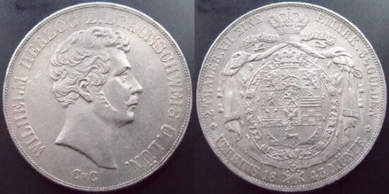 kosuke_dev ブラウンシュヴァイク アルマーニュ ヴィルヘルム 1843年 ドッペルターレル 2ターレル 銀貨