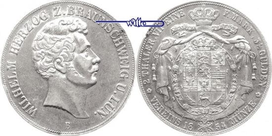 kosuke_dev ブラウンシュヴァイク ヴィルヘルム・ヘルツォーク 1831-1884年 1854年 3 1/2 グルテン 銀貨 極美品
