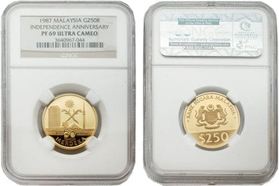 NGC マレーシア 独立記念 1987年 250ドル 金貨 ウルトラカメオ PF69