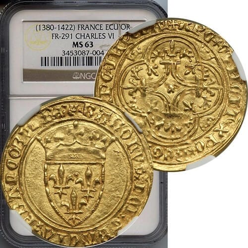 NGC フランス シャルル6世 1380-1422年 エキュ 金貨 MS63 