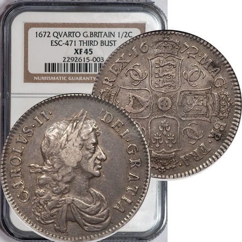 NGC イギリス チャールズ2世 1672年 ハーフクラウン 銀貨 XF45 