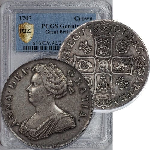 PCGS イギリス プレユニオン アン女王 1707年 クラウン 銀貨 Genuine