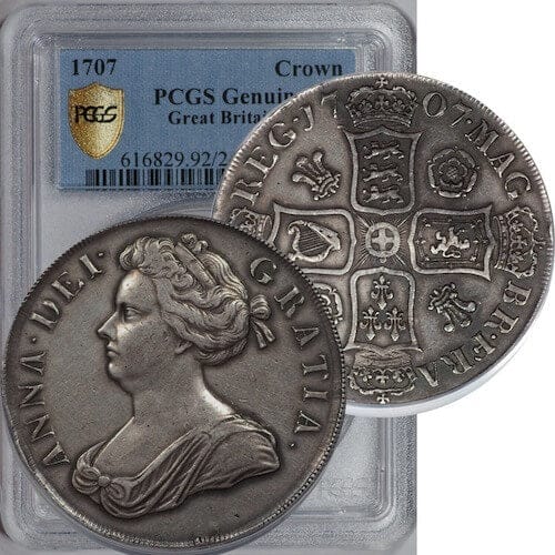 PCGS イギリス プレユニオン アン女王 1707年 クラウン 銀貨 Genuine 