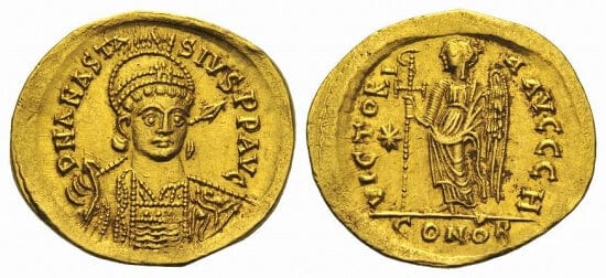 kosuke_dev ビザンツ帝国 アナスタシオス1世 507-518年 ソリダス 金貨 硬貨地板 未使用-極美品