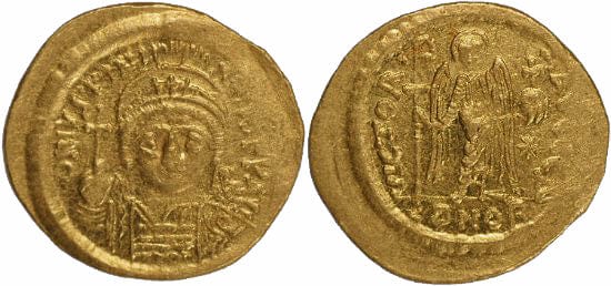 ビザンツ帝国 ユスティニアヌス1世 ソリダス金貨 518-527 極美品