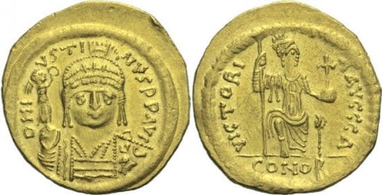 ビザンツ帝国 ユスティヌス2世 ソリダス金貨 565-579 極美品