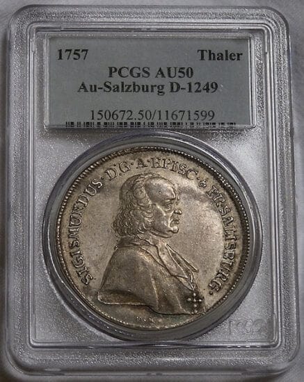PCGS ザルツブルク ジグムント3世 1757年 ターレル 銀貨 AU50