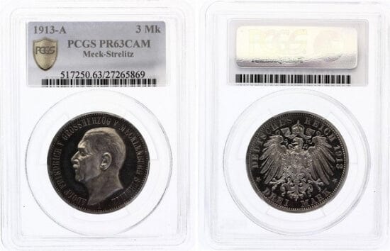 kosuke_dev 【PCGS PR63CAM】ドイツ メクレンブルク＝シュトレーリッツ 3マルク硬貨 1913年 プルーフ