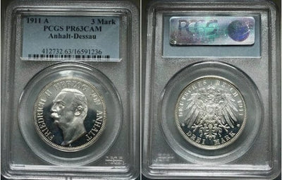 kosuke_dev 【PCGS PR63CAM】ドイツ アンハルト公国 フリードリヒ2世 3マルク硬貨 1911年 プルーフ