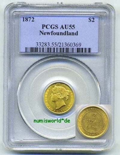 【PCGS AU55】ニューファンドランド島 2ドル金貨 1872年