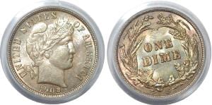 【PCGS MS63】アメリカ 米連邦準備制度理事会 10セント 1ダイム硬貨 1908年