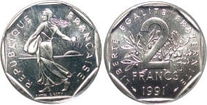 【PCGS MS68】フランス SEMEUSE 2フラン硬貨 1991年