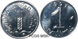 kosuke_dev 【PCGS MS67】フランス 1サンチーム硬貨 1991年