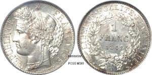kosuke_dev 【PCGS MS61】フランス第二共和政 ケレース 1フラン銀貨 1849年 美品