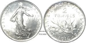 PCGS MS64】フランス SEMEUSE 2フラン銀貨 1914年 | アンティーク