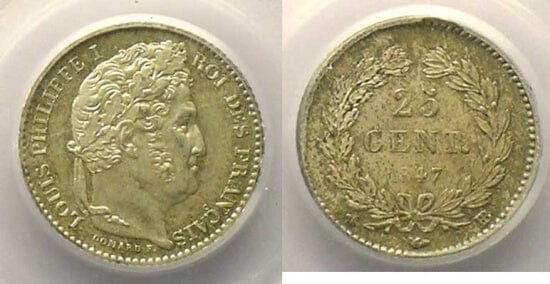 kosuke_dev 【PCGS MS63】フランス ブルボン朝 オレルアン公 ルイ・フィリップ1世 25サンチーム 1847年