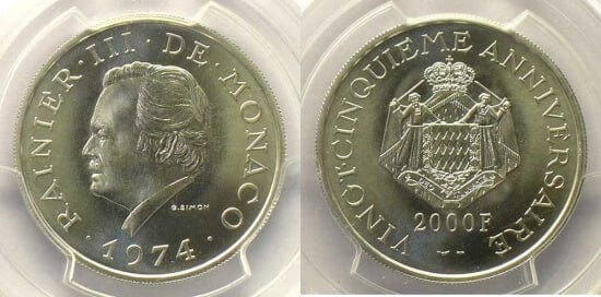 kosuke_dev PCGS モナコ レーニア3世 1974年 2000フラン 銀貨 SP68
