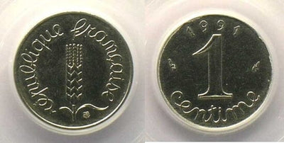 kosuke_dev PCGS フランス 1991年 1サンチーム 銀貨 AU58