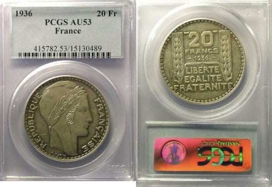 kosuke_dev PCGS フランス 帽子を被った女性 1936年 20フラン 金貨 AU53