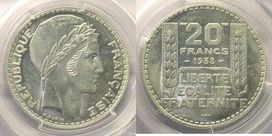 kosuke_dev PCGS フランス 帽子を被った女性 1938年 20フラン 金貨 SP65