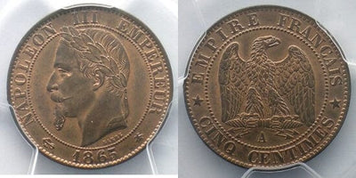 PCGS ナポレオン3世 1865年A 5 サンチーム 銅貨 MS65