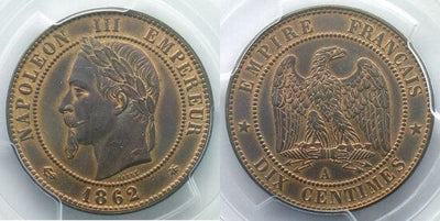 kosuke_dev PCGS ナポレオン3世 1862年A 10 サンチーム 銅貨 MS63