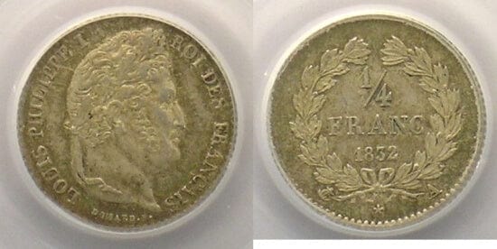 kosuke_dev PCGS フランス ルイ･フィリップ１世 1832年A 1/4 フラン 銀貨 MS64