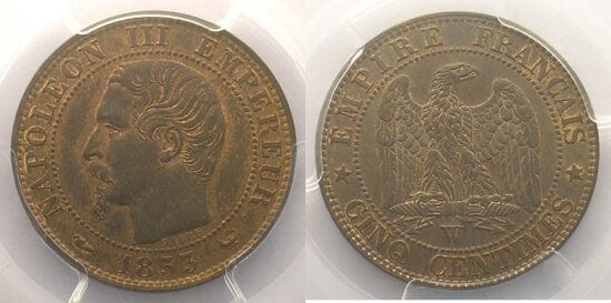 kosuke_dev PCGS ナポレオン3世 1853年W 5 サンチーム 銅貨 MS64