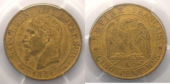 kosuke_dev PCGS ナポレオン3世 1861年A 5 サンチーム 銅貨 MS64