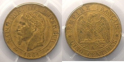 kosuke_dev PCGS ナポレオン3世 1861年A 5 サンチーム 銅貨 MS64