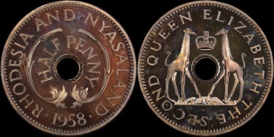 PCGS ローデシア・ニヤサランド連邦 1958年 ハーフ ペニー 青銅貨