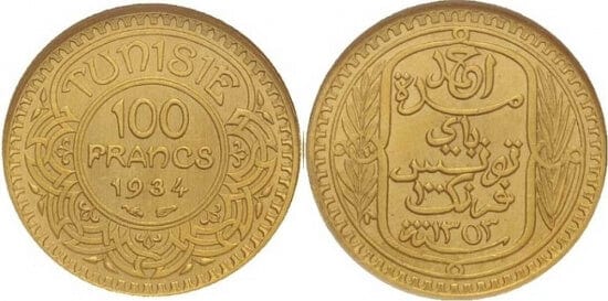 kosuke_dev 【NGC MS64】チュニジア 100フラン硬貨 1934年